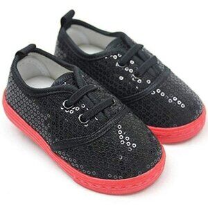 Black Red Bling Sequins Little Girl's Low-Top Lace Dance Sneakers School Shoes